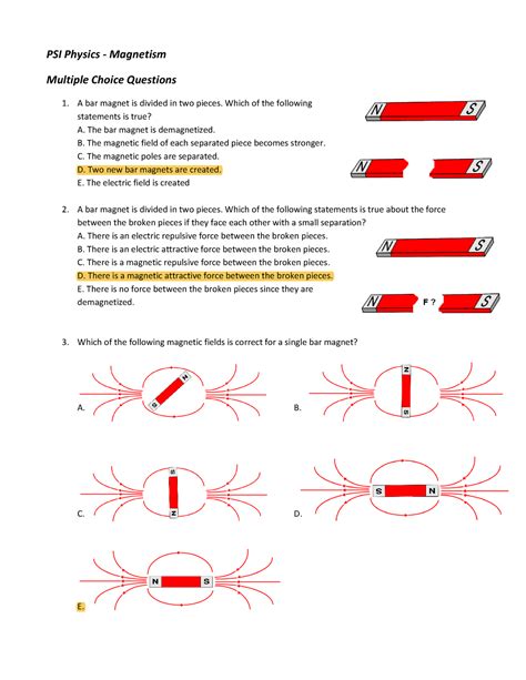<b>Question</b>: Magnetic lines of force due to a bar magnet do not intersect because. . Magnetism multiple choice questions with answers pdf